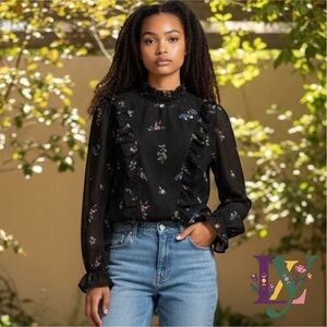 H&M Black Floral Ruffle Blouse High Neck Sheer Feminine Victoriana Top Size 10